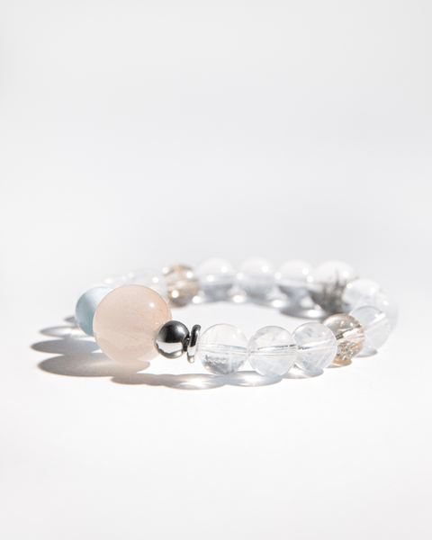 Celestial Renewal Trio Bracelet — Blue Needle Quartz | Gold Rutilated Quartz | Green Garden Crystal