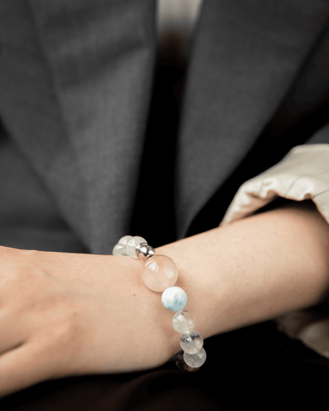 Celestial Renewal Trio Bracelet — Blue Needle Quartz | Gold Rutilated Quartz | Green Garden Crystal