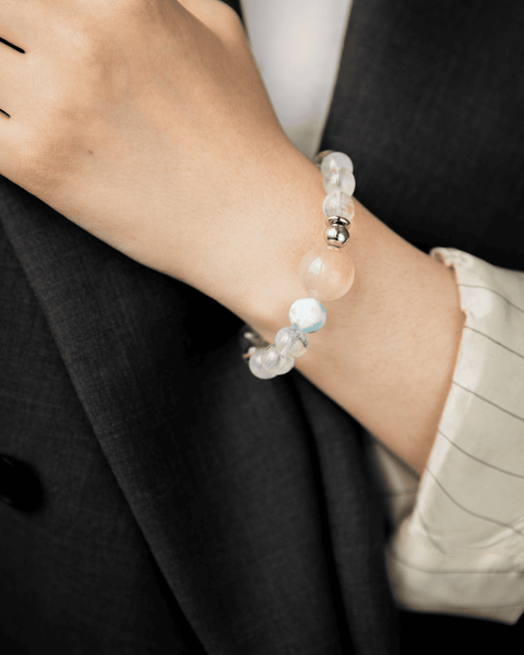 Celestial Renewal Trio Bracelet — Blue Needle Quartz | Gold Rutilated Quartz | Green Garden Crystal