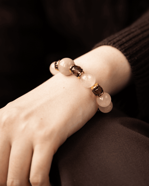 Ethereal Harmony Bracelet — Rose Quartz | Smoky Quartz | Gray Rabbit Hair Rutilated Quartz