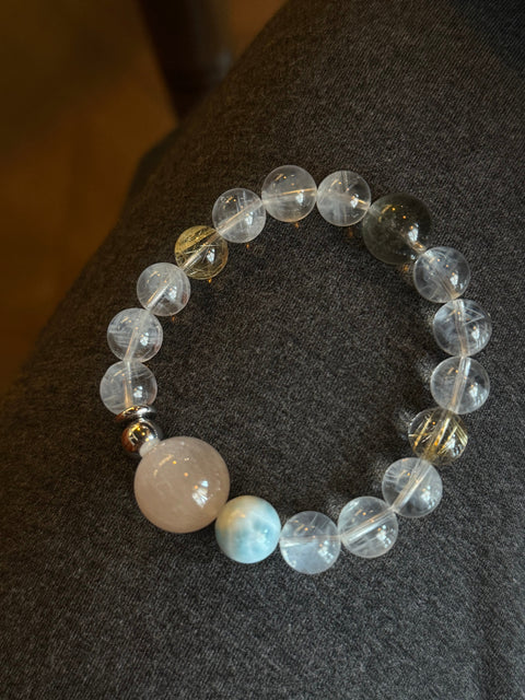 Celestial Renewal Trio Bracelet — Blue Needle Quartz | Gold Rutilated Quartz | Green Garden Crystal Aura Fantasy