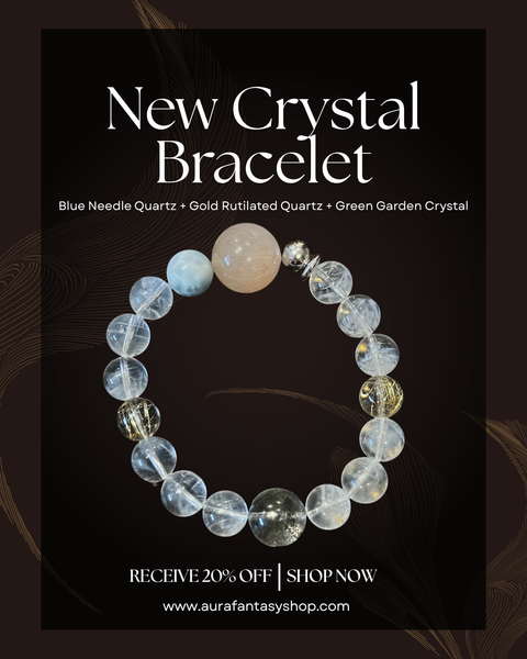 Celestial Renewal Trio Bracelet — Blue Needle Quartz | Gold Rutilated Quartz | Green Garden Crystal Aura Fantasy
